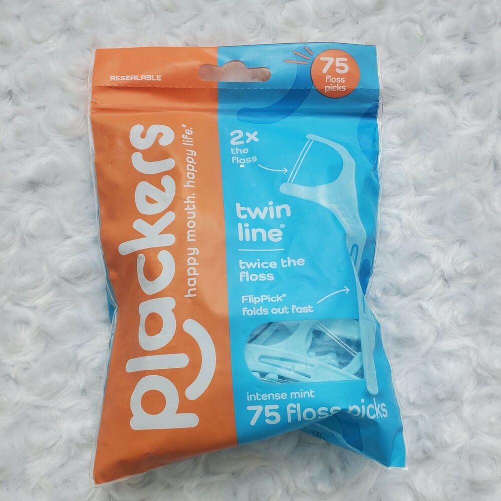 Plackers Twin-Line Dental Floss Picks Intense Mint Fold Out Flip Pick 75 Count